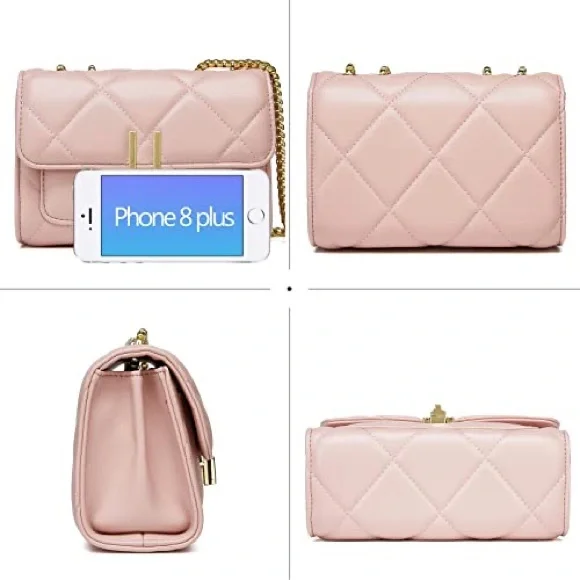 Elegant Pink Quilted Crossbody Bag with Gold Chain - Picture 4 of 8